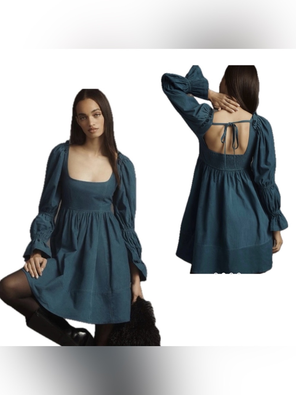 Anthropology Pilcro Babydoll Corduroy Mini Dress XS Blue Puff Sleeve Boho Chic